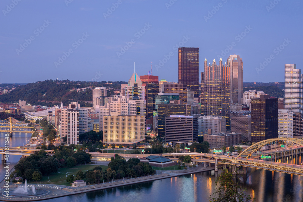 Cityscape of Pittsburgh and Evening Light. Fort Pitt Bridge in the Background. Beautiful Pittsburgh Skyline