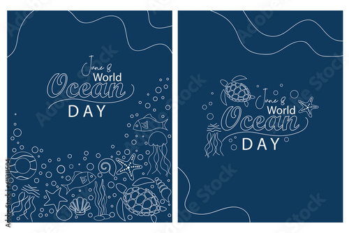 Happy World oceans day background line art with the underwater ocean, shiny light coral, sea plants, fish, stars fish and turtles.