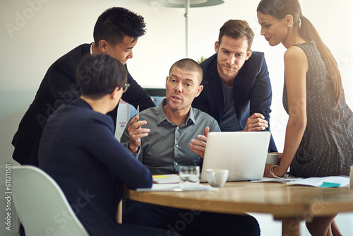 Business meeting  talking and people or manager in group discussion  project ideas and workflow agenda on computer. Professional man  woman or employees with startup  website marketing and laptop