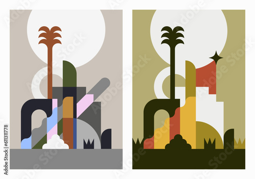 Flat vector illustration of an exotic minimalist landscape with sober and geometric architectural elements, for poster, cover, print, card or wall art. photo