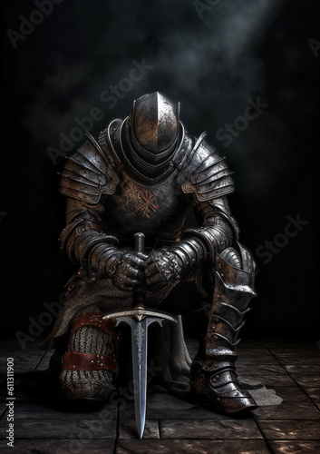 A knight in heavy metal armor knelt on one knee.