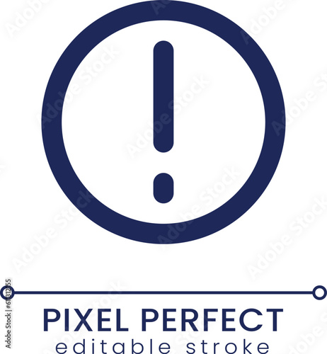 Warning pixel perfect linear ui icon. Exclamation mark in circle. Pay attention. GUI, UX design. Outline isolated user interface element for app and web. Editable stroke. Poppins font used