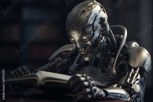 The robot is reading a book. Machine learning.