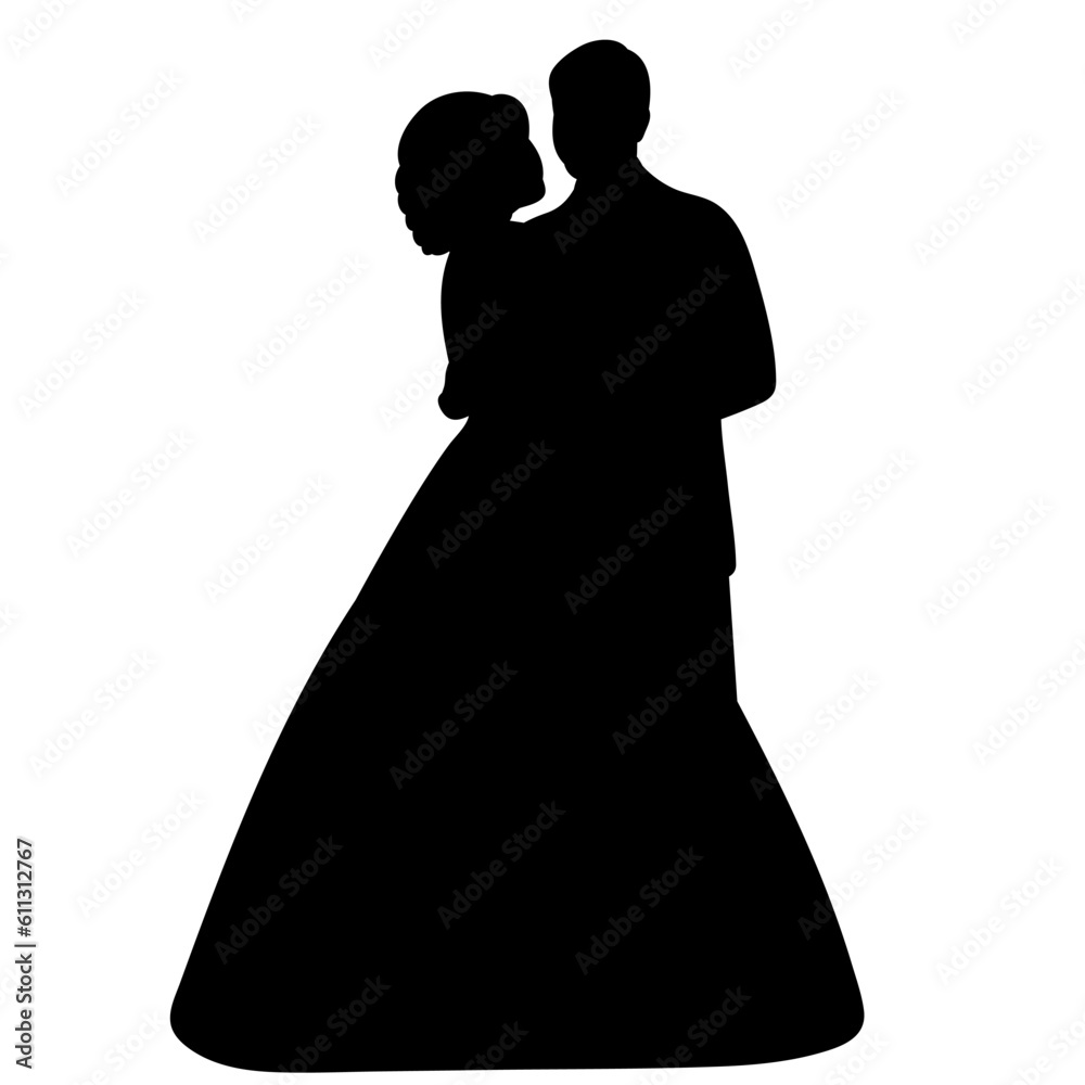 black silhouette of the bride and groom on a white background