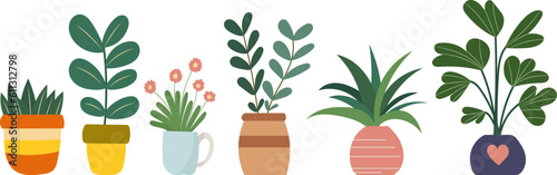 potted plants in doodle style, isolated vector