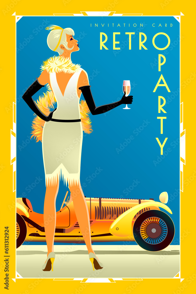 The woman and the car on the road. Handmade drawing vector illustration. Invitation card. Retro party poster. Art deco style.