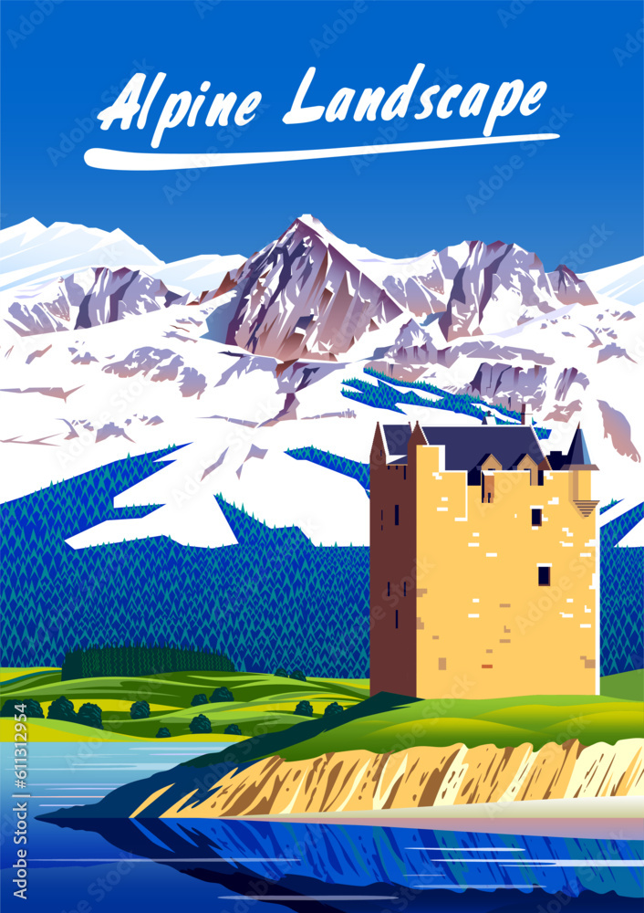 Summer landscape with old castle and lake in the first plan, alpine meadow, forest and mountains in the background. Handmade drawing vector illustration.