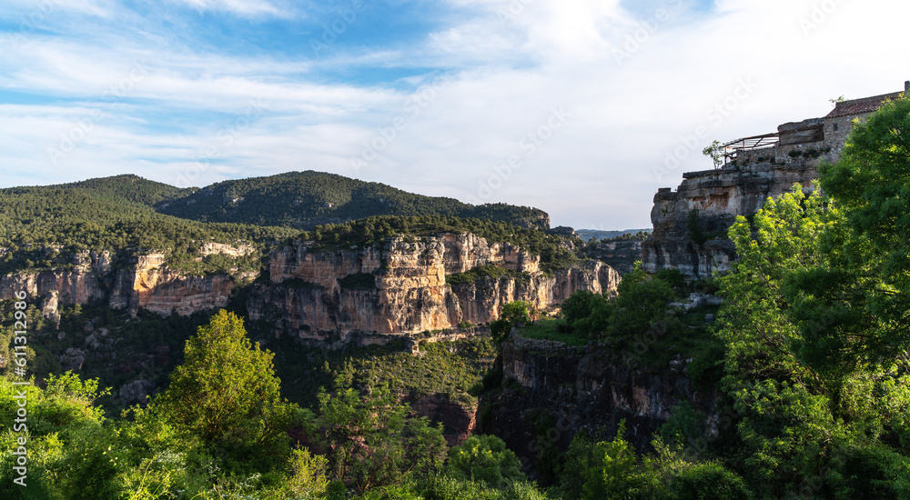 Majestic mountains landscape. A view from peak Mirador de Siurana, Priorat, Tarragona, Spain, Europe. View and nature around. Beautiful travel destination.
