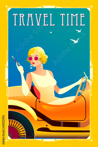 The woman in the car on the road. Travel time poster. Handmade drawing vector illustration. Art deco style.