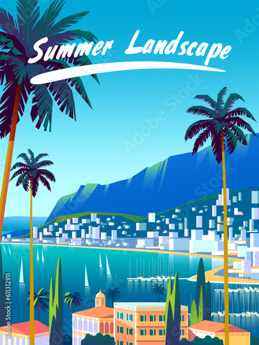 Mediterranean romantic landscape with palms and buildings in the first plan, sea and mountains in the background. Handmade drawing vector illustration. Retro style poster.
