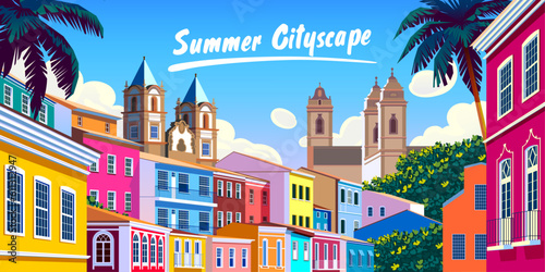 Colorful cityscape with traditional houses, churches and palm trees. Handmade drawing vector illustration.