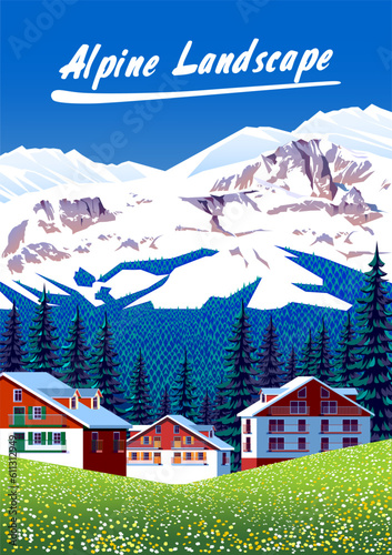 Summer countryside in Austria with traditional houses and mountains in the background. Handmade drawing vector illustration.