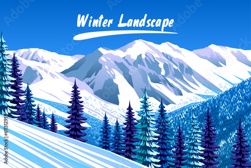 Winter landscape with rocks, skiing slopes, forest and mountains in the background. Handmade drawing vector illustration.