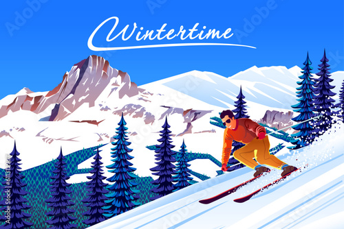 Winter landscape with skier on skiing slope, forest and mountains in the background. Handmade drawing vector illustration. Can be used as poster, banner etc.