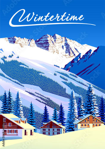 Alpine village with forest and mountains in the background. Handmade drawing vector illustration. Can be used as poster, banner etc.
