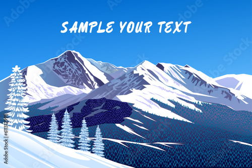 Winter landscape with a forest covered in snow in the first plan and mountain peaks in the background. Handmade drawing vector illustration.