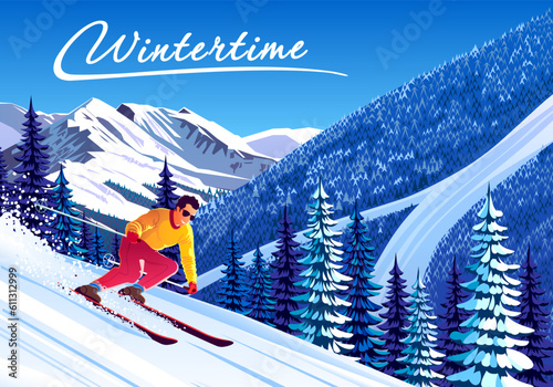 Winter landscape with skier on skiing slope, forest and mountains in the background. Handmade drawing vector illustration. Can be used as poster, banner etc.