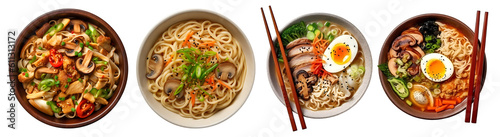 Asian noodle soup, ramen on bowl, top view with transparent background, Generative AI Technology photo