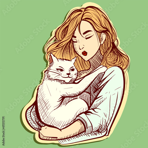 Digital art of a young asian woman with blonde hair holding and hugging a white cat. Vector of a girl carying a kitty in her arms