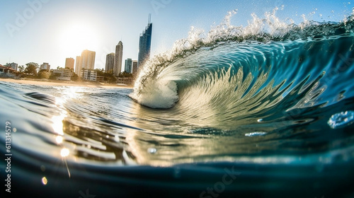 Waves breaking at Burleigh Heads on the Gold Coast with the Surfers Paradise skyline in the background photo