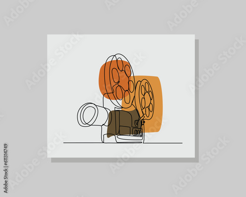 Continuous single one line art drawing of vintage retro cinema theater camera projector videography in boho bohemian style design vector illustration