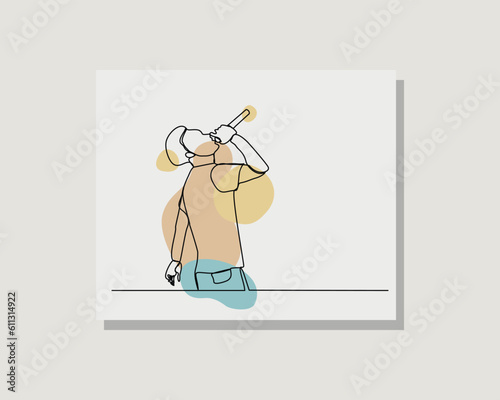 Continuous single one line art drawing of casual young man sing a song karaoke with microphone in boho bohemian style design vector illustration