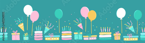 Fun hand drawn party seamless background with cakes, gift boxes, balloons and party decoration. Great for birthday parties, textiles, banners, wallpapers, wrapping - vector design