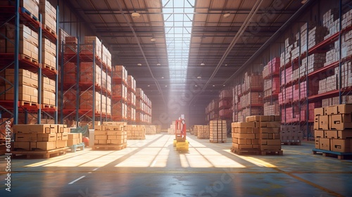 A large, clean warehouse with truck filled with numerous boxes and items, dedicated to logistics and e-commerce, bathed in the warm afternoon light. Ai generative 