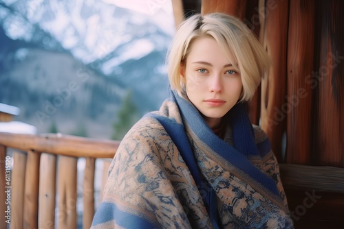 cute smiling woman with short straight blond hair draped in a blue shawl and a long skirt  sitting on a patio of a charming wooden cabin with a snow-capped mountain range in the background. generative