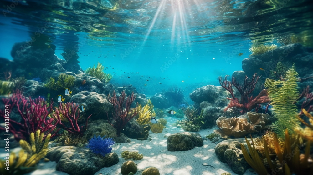 Obraz premium underwater in ocean scuba diving ,sea plant and fish,generated ai