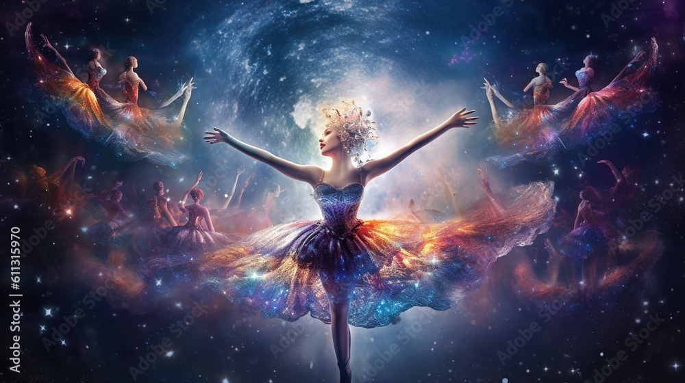 Obraz premium figure of a ballerina among the starry sky. Dancing Among the fire galaxy and stars. Generative AI