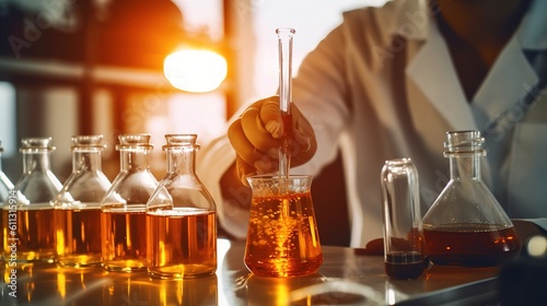 A male doctor in a white coat and blue gloves holds in his hand a glass test tube with a substance. Study of samples, chemical reaction. Generative ai.