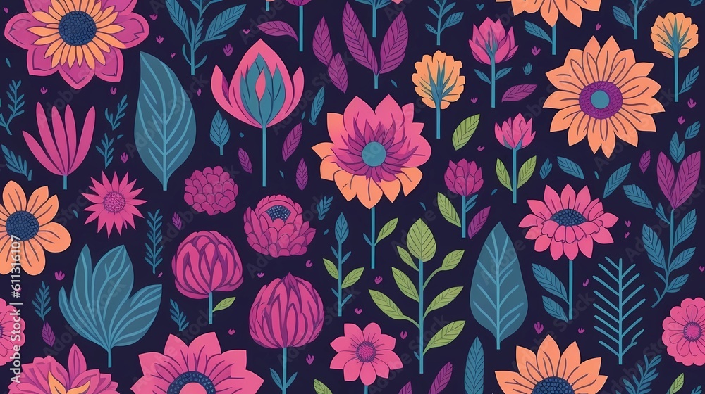 Colorful seamless floral pattern with black background. Best quality generative ai