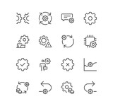 Set of gear related icons, engineering, process, settings and linear variety symbols.
