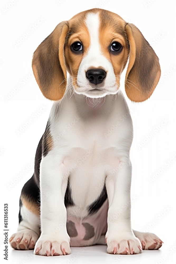 Young beagle puppy on the white background. Generative AI