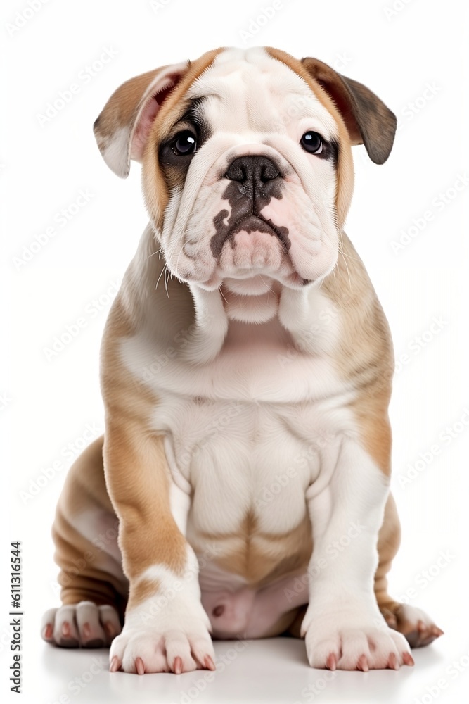 Young bulldog puppy on the white background. Generative AI