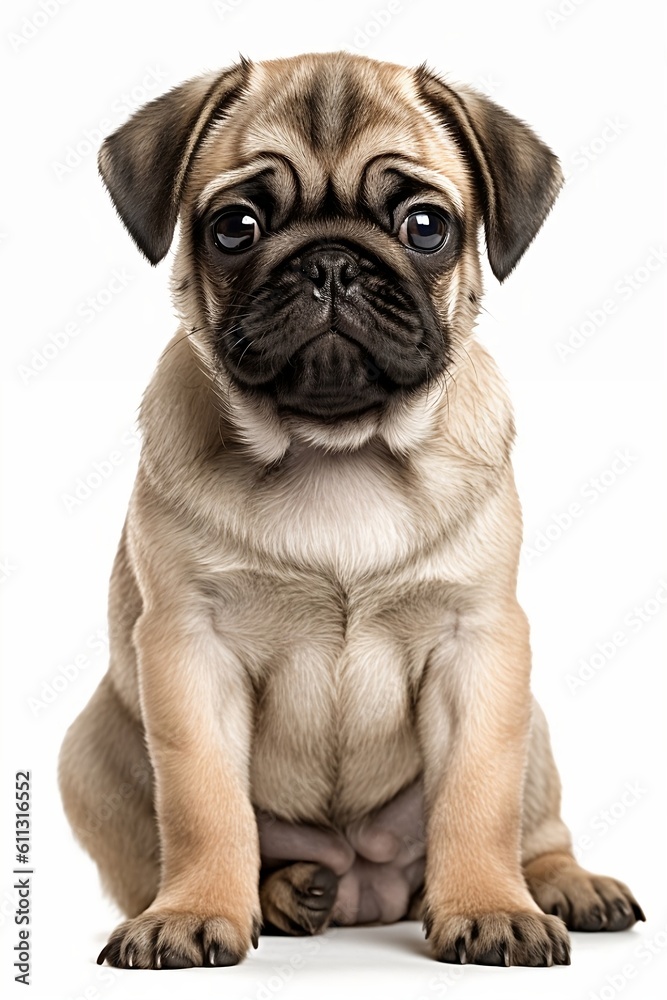 Young pug puppy on the white background. Generative AI