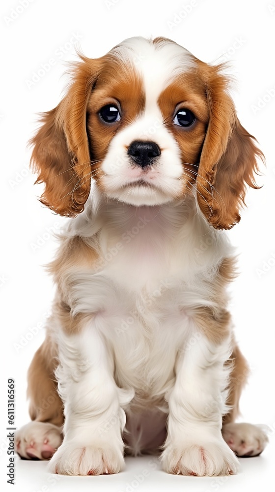 Young avalier King Charles Spaniel puppy on the white background. Generative AI