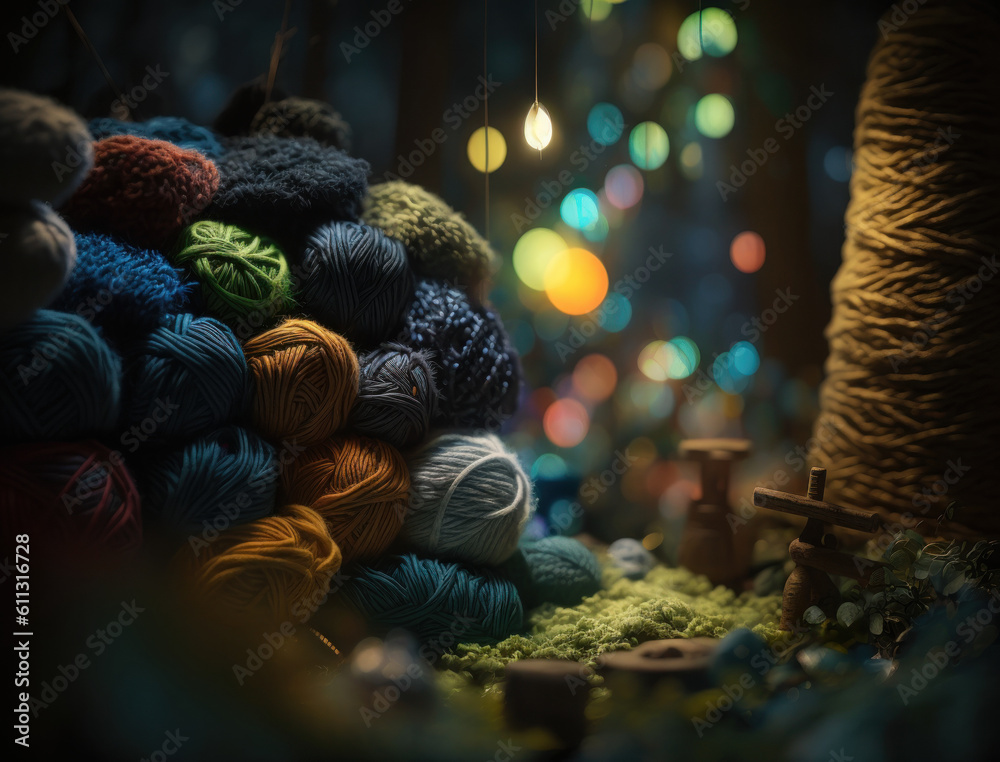 Multicolored forest made by wool yarn fabrics Created with Generative AI technology