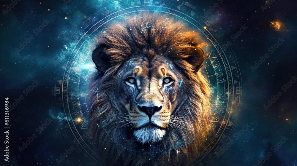 Lion zodiac sign against space nebula background. Astrology calendar. Esoteric horoscope and fortune telling concept. Created with Generative AI