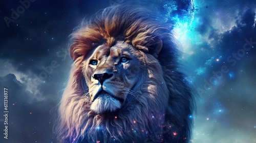 Lion zodiac sign against space nebula background. Astrology calendar. Esoteric horoscope and fortune telling concept. Created with Generative AI