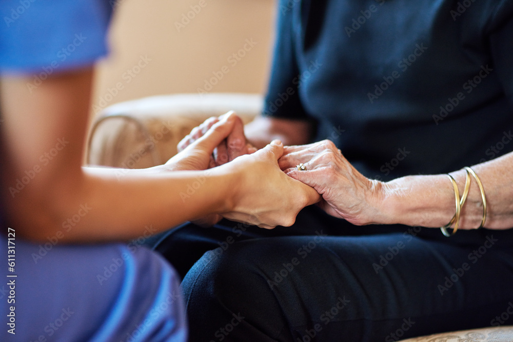 Nurse, senior people and holding hands for support, healthcare service and medical, advice and empathy. Professional doctor, helping and retirement nursing for elderly person in together sign closeup