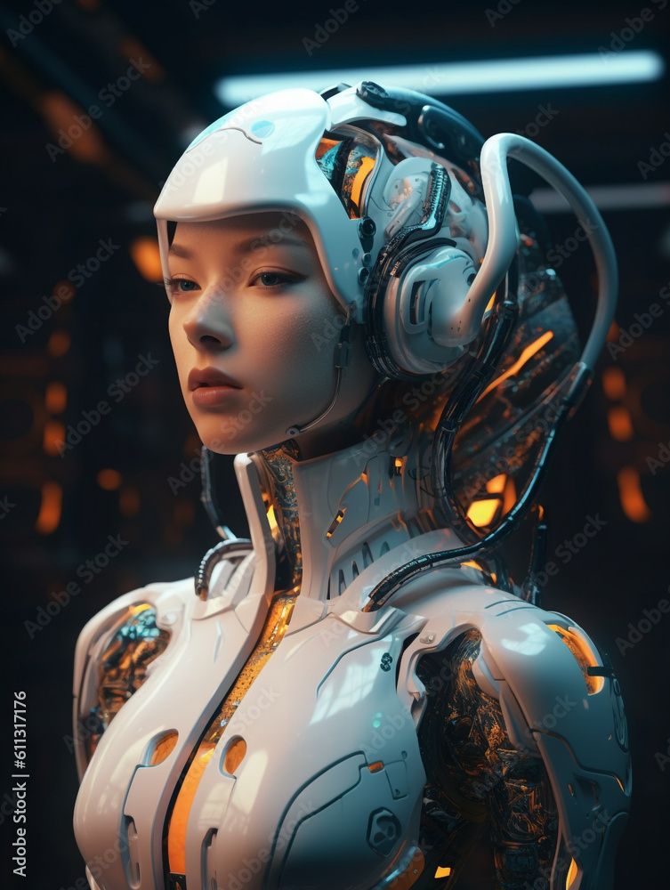 Cyborg girl with ceramic helmet, suit with circuits. Futuristic robotic android woman. Scifi Robot half lenght portrait. Artificial intelligence tech concept. Ai science fiction background, 3d render Cyborg girl with ceramic helmet, suit with circuits. Futuristic robotic android woman. Scifi Robot half lenght portrait. Artificial intelligence tech concept. Ai science fiction background, 3d render