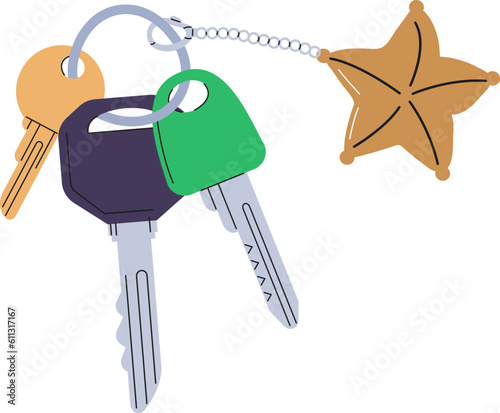 Keychains vector. Pendants in shape of bow, cat, hearts, chain. Trinkets, keyholders and keyrings