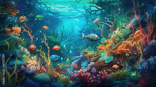 Bright underwater world. Underwater with coral reef and colorful fish. Generative ai. © Svfotoroom