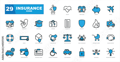 Vector set of insurance icons. Outline icon set, vector, simple thin line icons collection