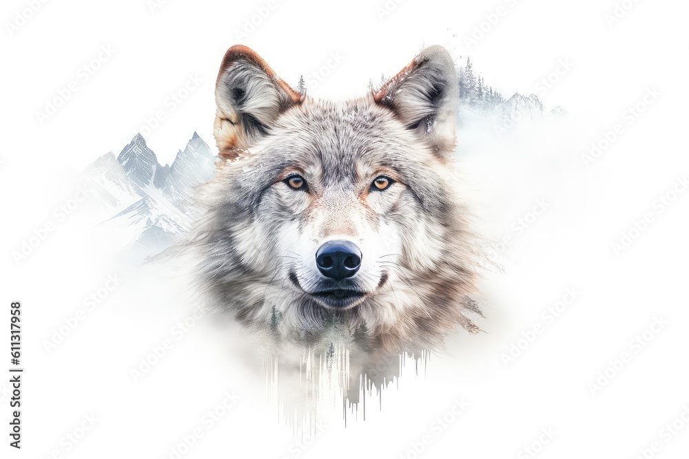 Fototapeta Wolf and winter landscape double exposure illustration - Generative AI.
