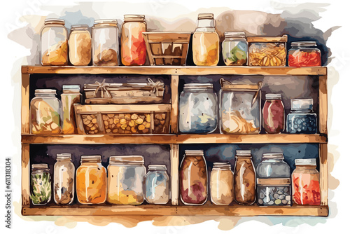 Pantry or food storage unit watercolor white background.