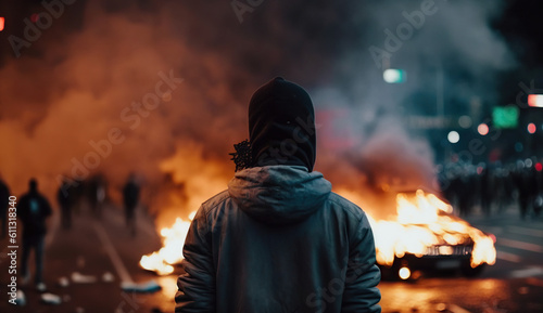 Amidst a Fiery Riot, Captured from Behind a Protestor Generative AI Photo