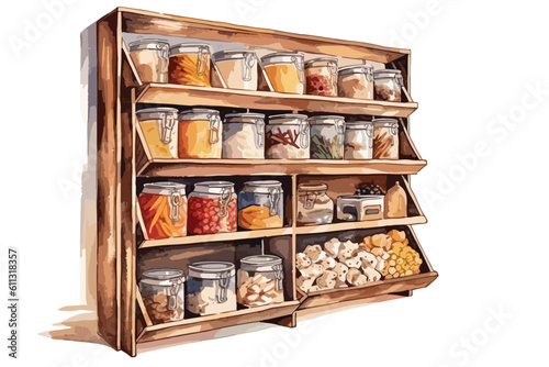 Pantry or food storage unit watercolor white background.